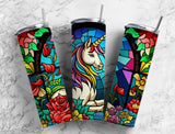 20 oz Unicorn Skinny Tumbler - Stained Glass Sublimated Design