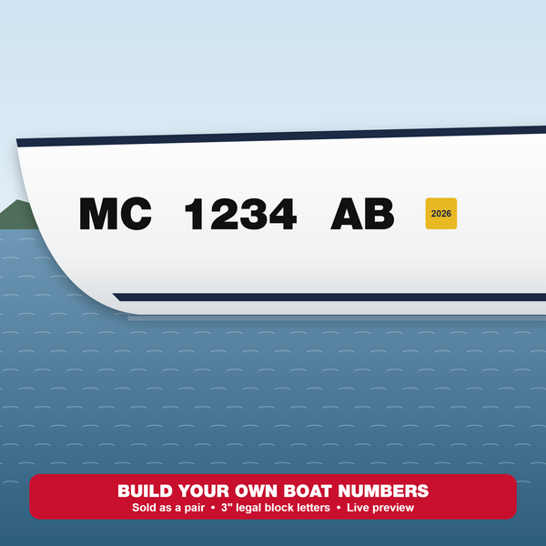 Custom boat registration numbers MC 1234 AB in black block vinyl letters on a white boat bow with the validation decal placed after the number - Sticker Chef