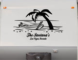 Beach Scene Decal Sticker with Palm Trees and RV Camper