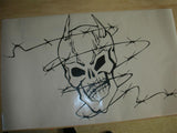 a drawing of a skull with barbed wire on it