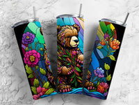 20 oz Skinny Tumbler with Flower Teddy Bear Design - Sublimated Stained Glass Effect