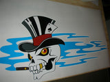 a painting of a skull wearing a top hat and smoking a cigarette