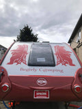 a red and white car with a lion painted on it