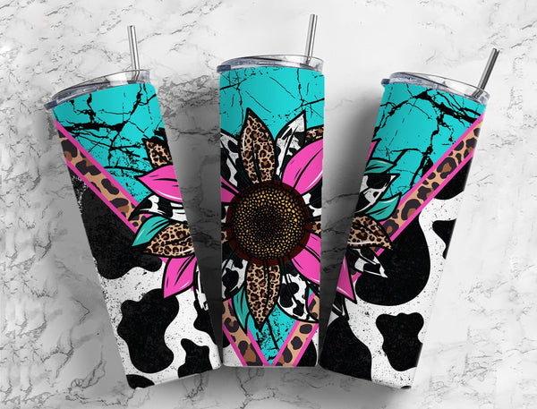 Turquoise Cow Hide Skinny Tumbler - 20 oz Sunflower Design Sublimated