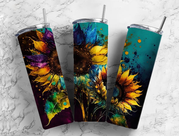 Sunflower Alcohol Ink 20 oz Skinny Tumbler - Unique Art Design