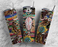 20 oz Bull Skull Boots Skinny Tumbler with Cowboy Hat Design