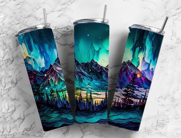 20 oz Skinny Tumbler with Mountains Sky Alcohol Ink Design - Perfect for Travel