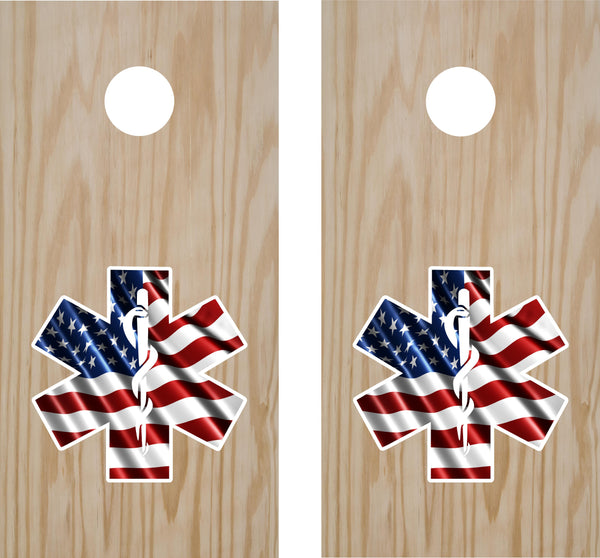 Patriotic EMT Cornhole Decals - American Flag Medical Symbol