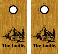 Nature-Inspired Scenic Mountains Cornhole Decals with Custom Family Name Stickers