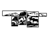 Moose Lake Wall Panels WPS111 - a bull moose and a bedded moose by the trees and mountains, split across staggered framed panels, matte vinyl wall decal - Sticker Chef