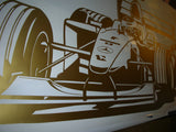 a drawing of a racing car on a wall