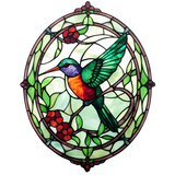 Hummingbird Oval Window Cling SGC241 - hummingbird with berries printed stained glass window cling - Sticker Chef