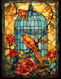 Rose Birdcage Window Cling SGC132 - songbird and rose birdcage printed stained glass window cling - Sticker Chef