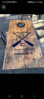 a wooden table with two baseball bats on it