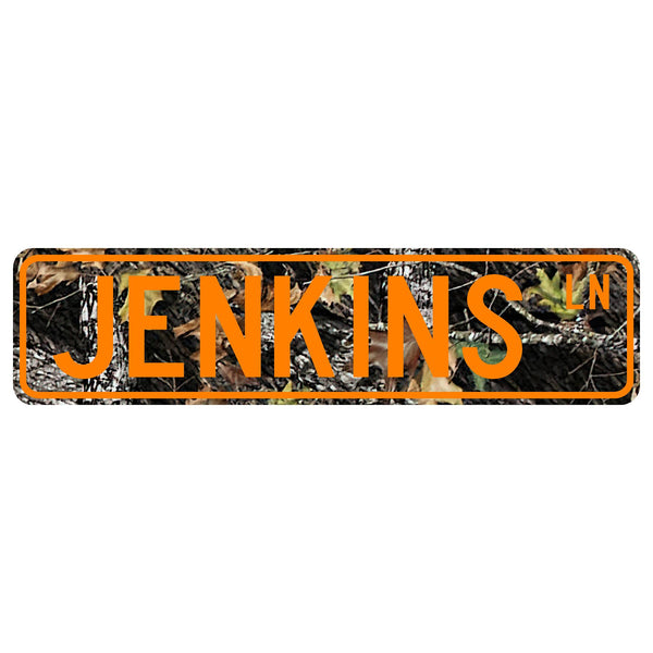 Camo Metal Street Sign – 6” x 24” Aluminum Hunting Sign with Hunter Orange Lettering