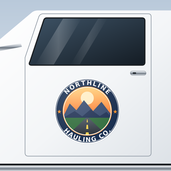 Custom full color printed logo decal on a white truck door, round trucking company logo with mountains and open road - Sticker Chef