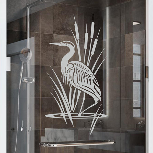 Egret Cattail Shower Decal BTE135 - an egret among cattails and marsh grass frosted etched glass vinyl for a shower door - Sticker Chef