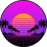 Synthwave Palm Sunset Decal TPS101 - a retro 1980s synthwave sunset with a striped sun, round printed RV decal - Sticker Chef