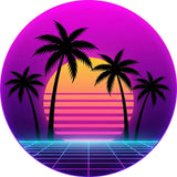 Neon Retro Palm Decal TPS102 - two tall palm trees framing a striped retro sun over a neon blue grid on a hot pink sky, round printed RV decal - Sticker Chef