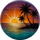 Tropical Island Sunrise Decal TPS104 - bright sun rays bursting over a palm tree island and clear teal water, round printed RV decal - Sticker Chef