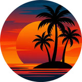 Bold Palm Island Decal TPS106 - a bold graphic sunset with a big orange sun behind a palm tree island and striped water, round printed RV decal - Sticker Chef