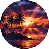 Cinematic Island Sunset Decal TPS107 - a dramatic island sunset with glowing clouds, round printed RV decal - Sticker Chef