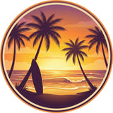 Surfboard Palm Sunset Decal TPS111 - a surfboard leaning against a palm tree on the beach at golden sunset, round printed RV decal - Sticker Chef