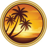 Golden Ring Palm Decal TPS112 - palm trees over a golden sunset sea inside a bright gold ring, round printed RV decal - Sticker Chef