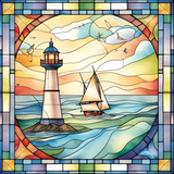 Lighthouse Stained Glass Cling SGC118 - lighthouse and sailboat printed stained glass window cling - Sticker Chef