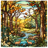 Forest Stream Window Cling SGC121 - forest stream with deer printed stained glass window cling - Sticker Chef