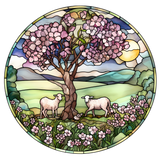 Spring Lambs Window Cling SGC110 - lambs under a blossom tree printed stained glass window cling - Sticker Chef