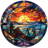 Galilee Sunset Window Cling SGC150 - figures on the shore at sunset printed stained glass window cling - Sticker Chef