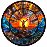 Praise Sunrise Window Cling SGC155 - figure praising at sunrise printed stained glass window cling - Sticker Chef