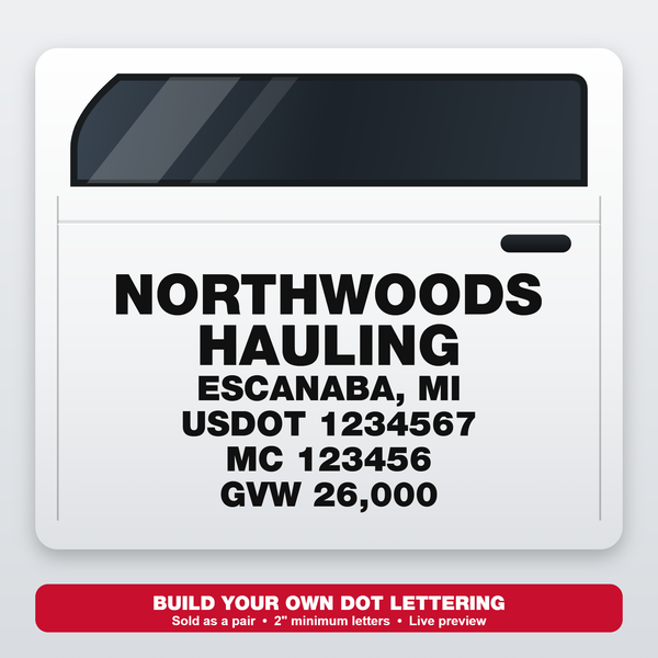 Custom USDOT truck door lettering decal on a white truck door showing company name, city and state, USDOT, MC and GVW numbers in black vinyl - Sticker Chef
