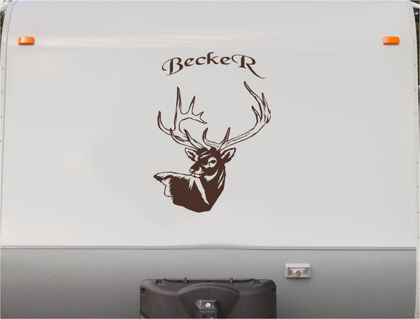 Vinyl Decal Sticker of Buck Deer Hunting in Mountain Landscape for RVs and Campers