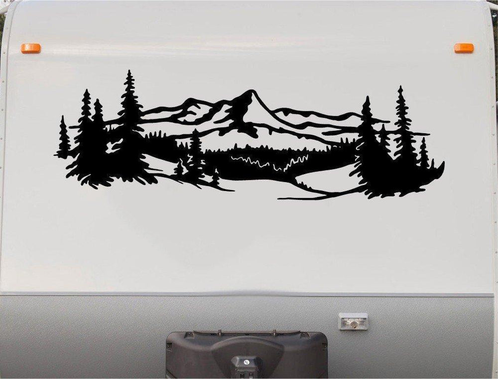 Mountain Lake Deer Decal RVM173 - a mountain lake framed by pines with a deer die cut vinyl decal on an RV camper - Sticker Chef