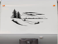 RV Camper Decal Sticker Lake Pine Tree Cabin Scene