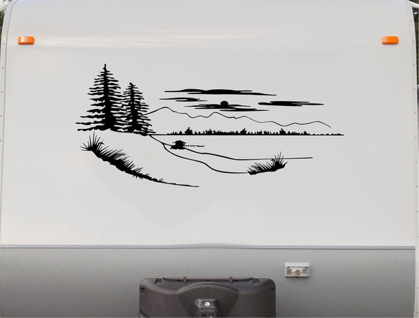 RV Camper Decal Sticker Lake Pine Tree Cabin Scene