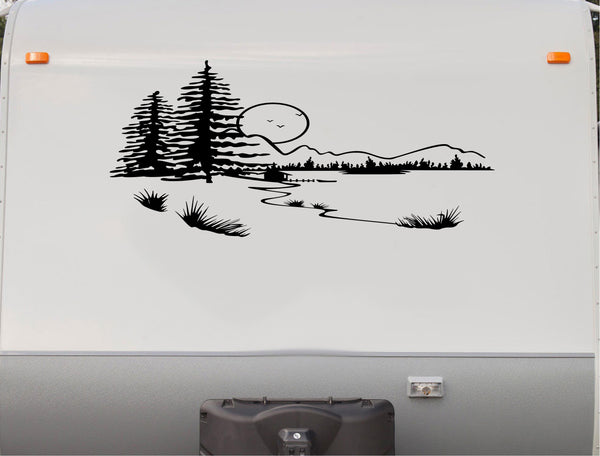 RV Camper Vinyl Decal Sticker Cabin Lake Scene